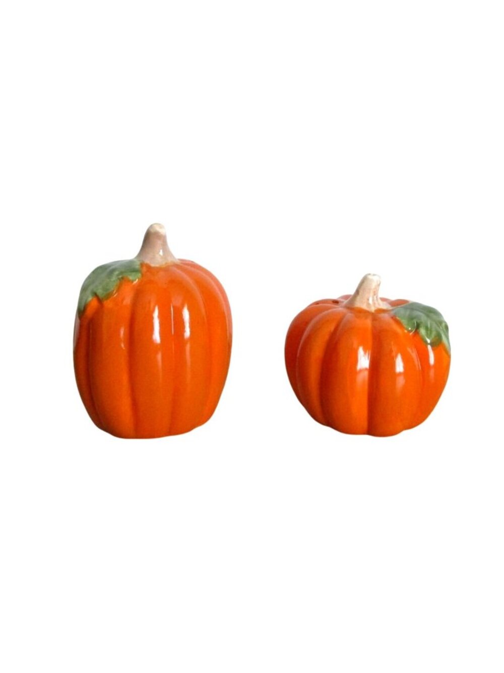 Ceramic Pumpkin Salt & Pepper Shaker Set Orange & Green 3.5” & 3” Tall